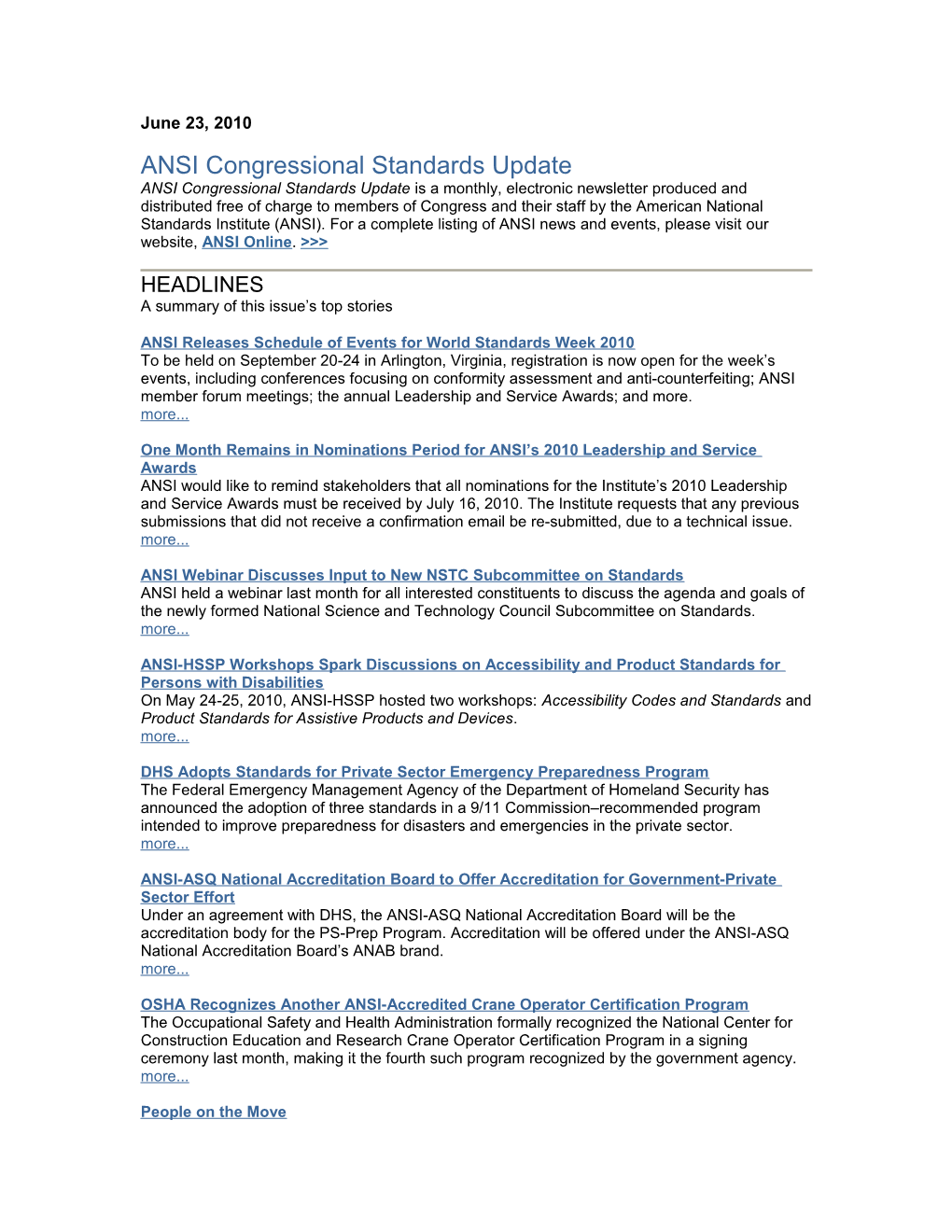 ANSI Congressional Standards Update