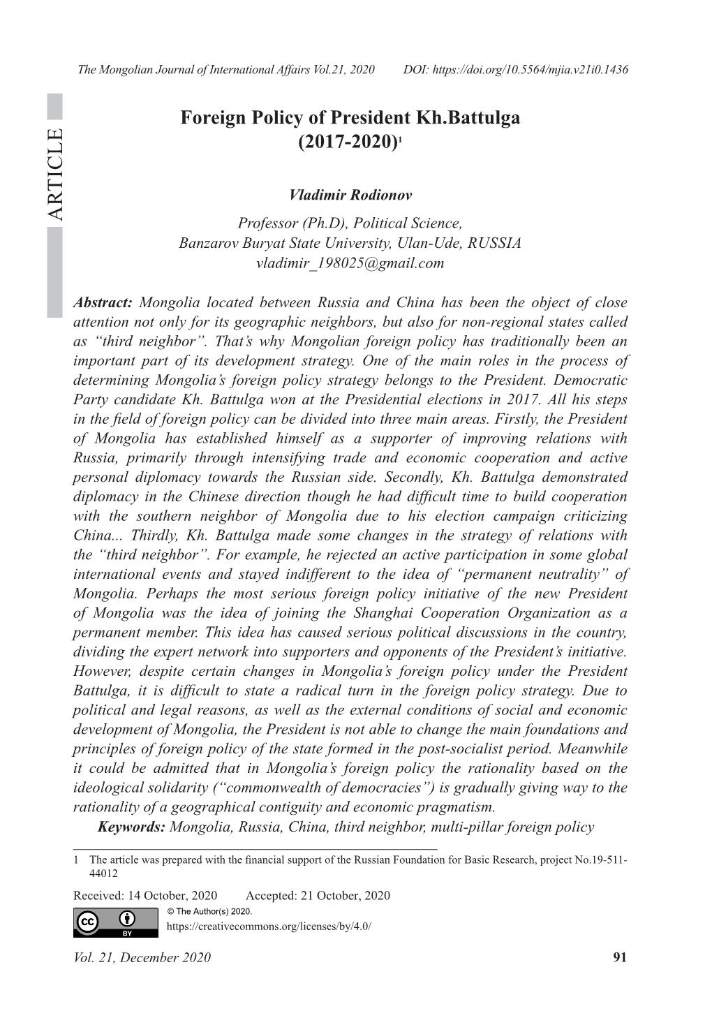 Foreign Policy of President Kh.Battulga (2017-2020) the Mongolian Journal of International Affairs Vol.21, 2020 DOI