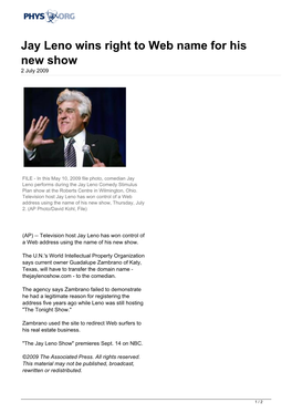 Jay Leno Wins Right to Web Name for His New Show 2 July 2009