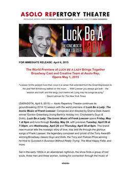 The World Premiere of LUCK BE a LADY Brings Together Broadway Cast and Creative Team at Asolo Rep, Opens May 1, 2015