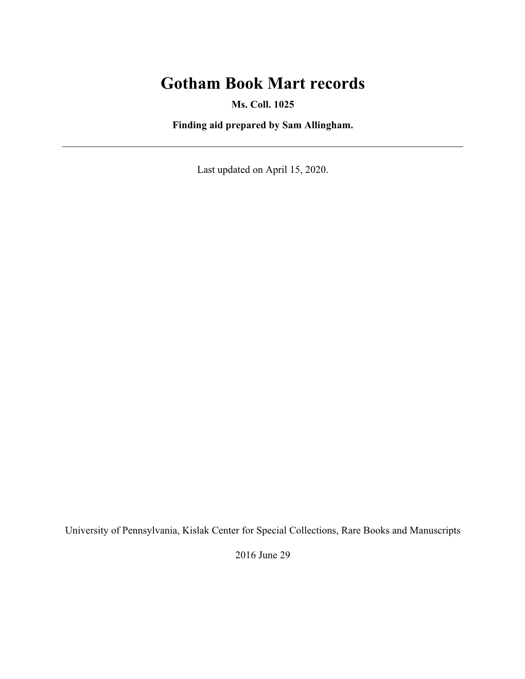 Gotham Book Mart Records Ms