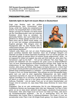 PRESSEMITTEILUNG 17.01.2020 Gabrielle Aplin Im April Mit Neuem Album in Deutschland