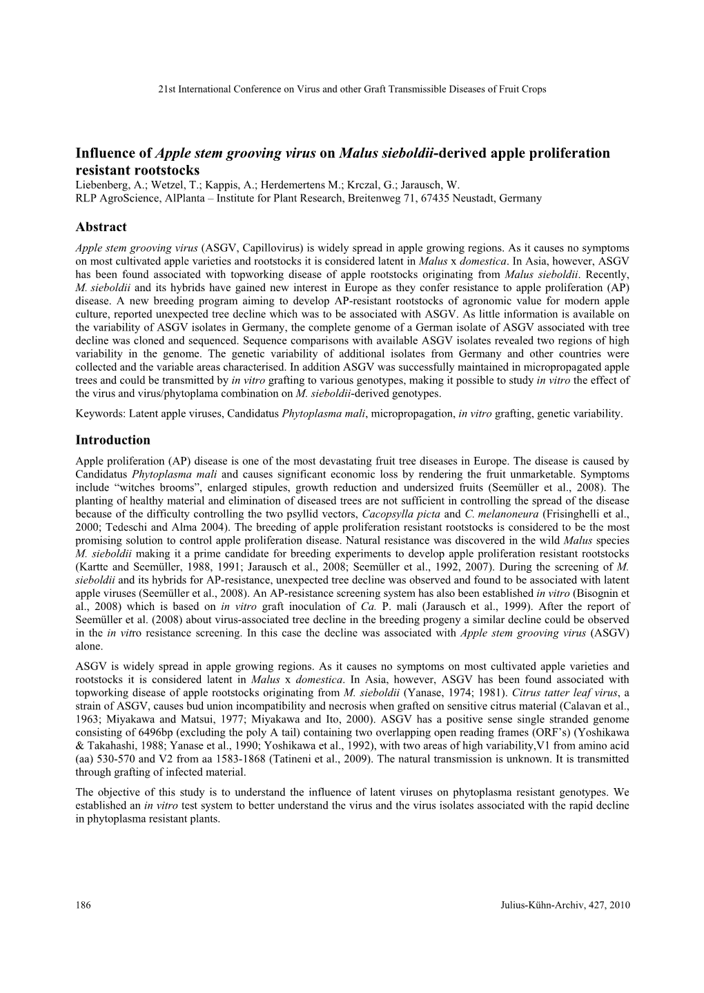 Influence of Apple Stem Grooving Virus on Malus Sieboldii-Derived Apple