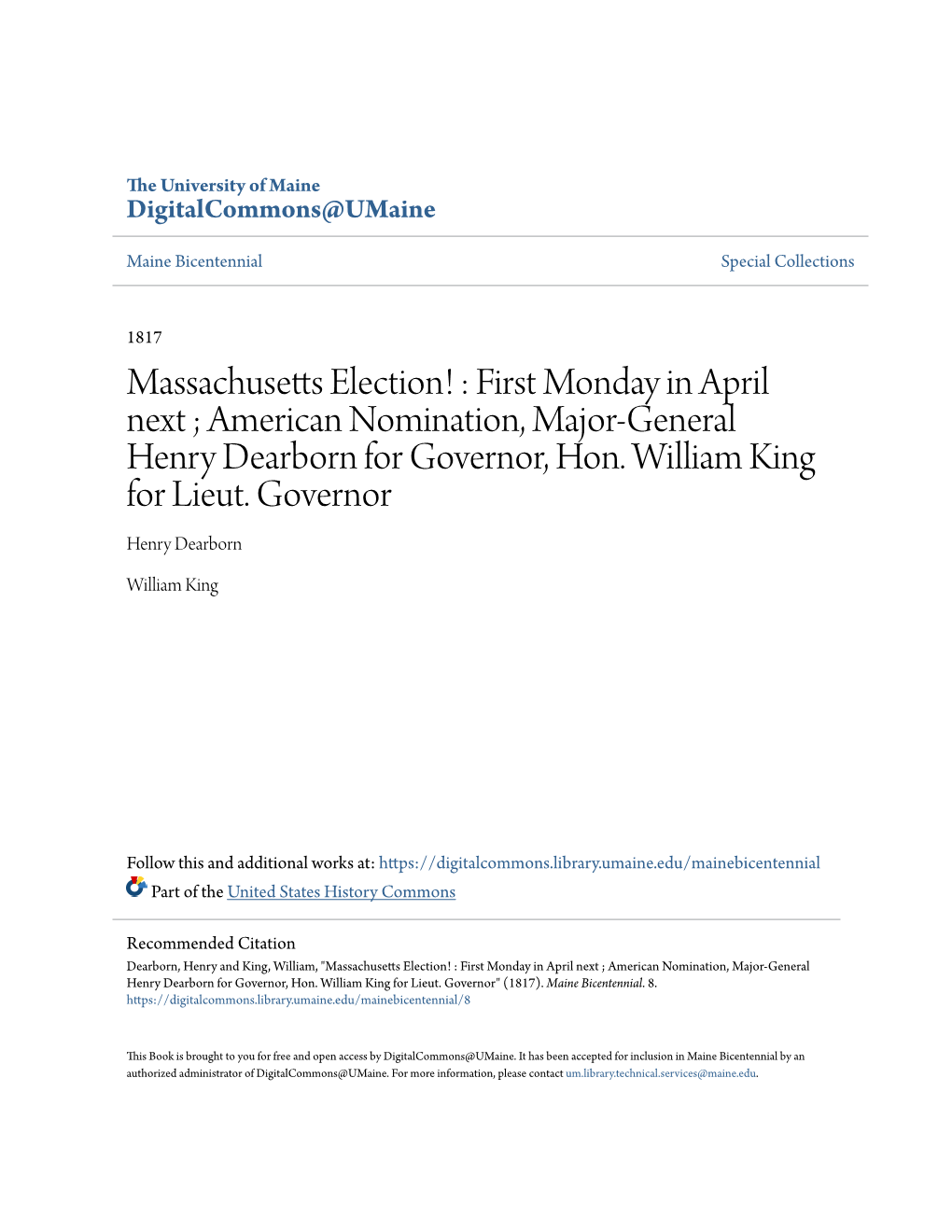 Massachusetts Election! : First Monday in April Next ; American Nomination, Major-General Henry Dearborn for Governor, Hon