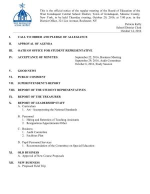 This Is the Official Notice of the Regular Meeting of the Board of Education