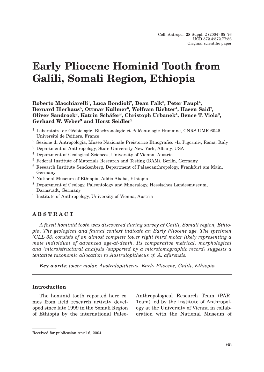Early Pliocene Hominid Tooth from Galili, Somali Region, Ethiopia