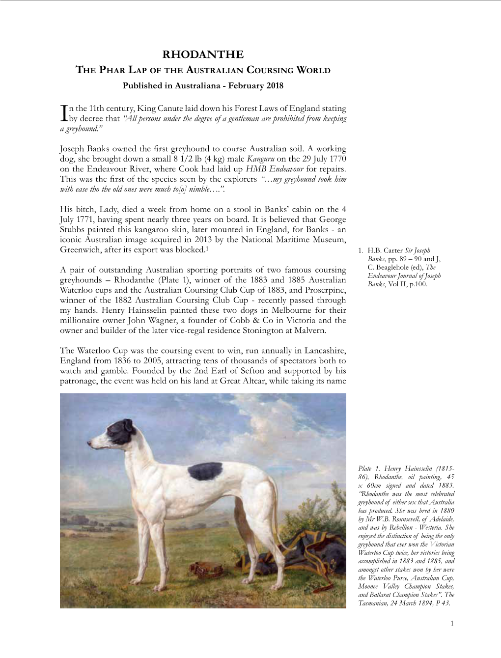 RHODANTHE the Phar Lap of the Australian Coursing World Published in Australiana - February 2018