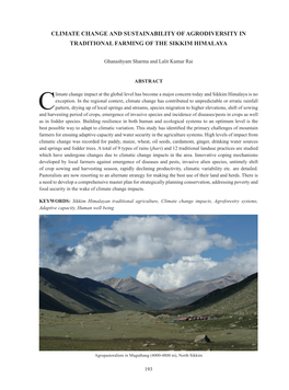 Climate Change and Sustainability of Agrodiversity in Traditional Farming of the Sikkim Himalaya