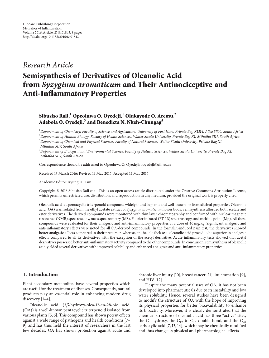 Semisynthesis of Derivatives of Oleanolic Acid from Syzygium Aromaticum and Their Antinociceptive and Anti-Inflammatory Properties