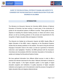 Guide to the Educational System of Panama and Aspects to Consider for the Recognition of Higher Education Titles and Degrees in Colombia