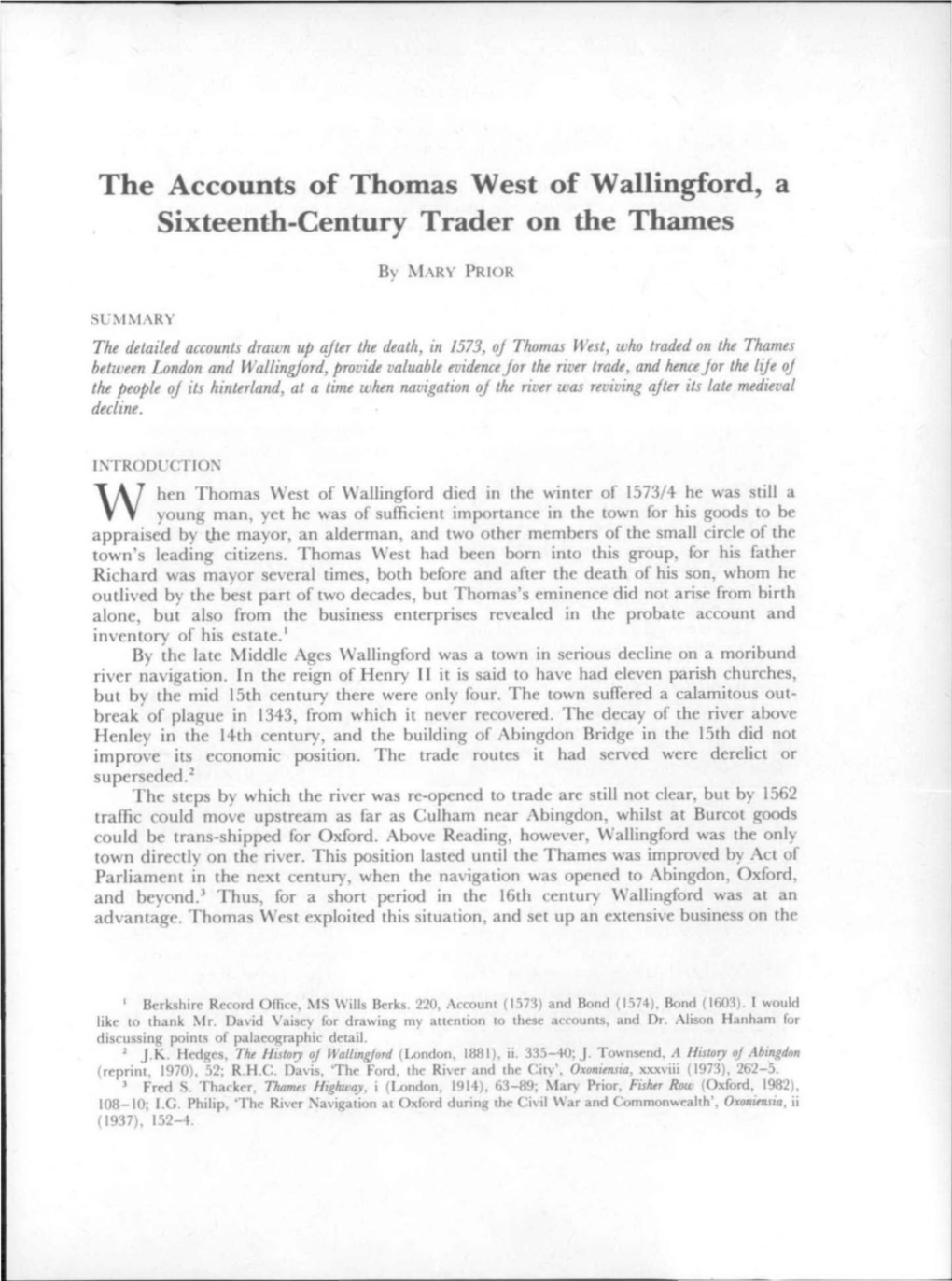 The Accounts of Thomas West of Wallingford, a Sixteenth-Century Trader on the Thames