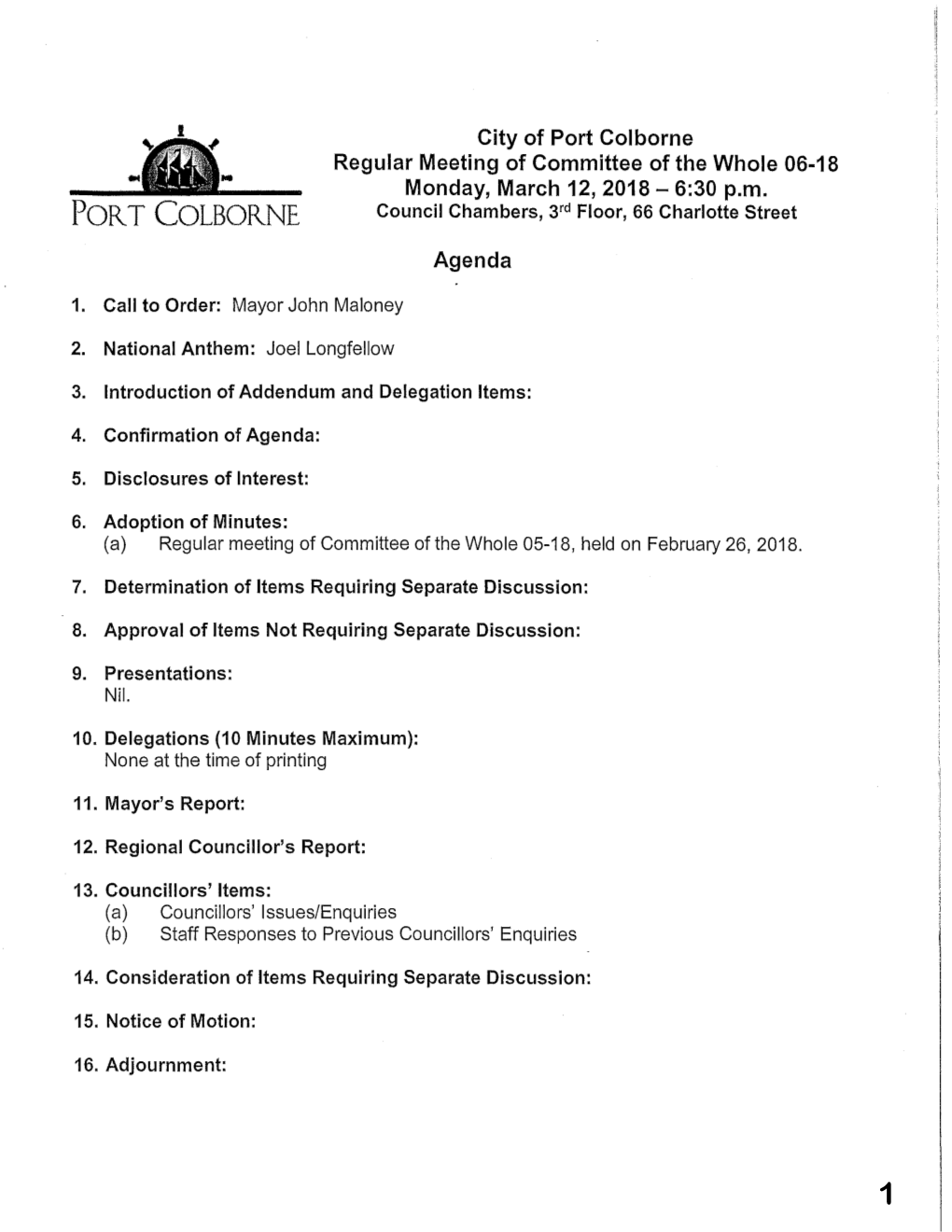 Committee of the Whole/Regular Council Meeting Agenda