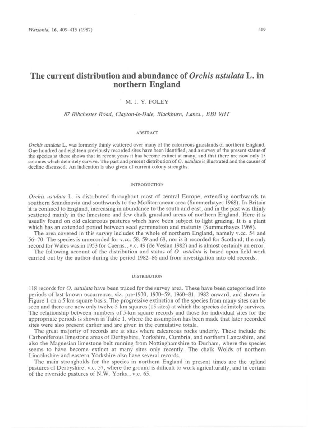 The Current Distribution and Abundance of Orchis Ustulata L. in Northern England