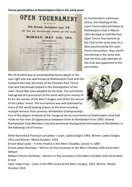Tennis Personalities at Roehampton Club in the Early Years As