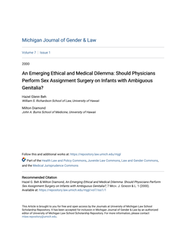 Should Physicians Perform Sex Assignment Surgery on Infants with Ambiguous Genitalia?