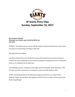 SF Giants Press Clips Sunday, September 10, 2017