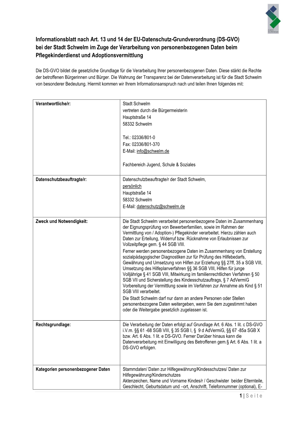 (DS-GVO) Bei Der Stadt Schwelm Im Zuge Der Verarbeitung Von Personenbezogenen Daten Beim Pflegekinderdienst Und Adoptionsvermittlung