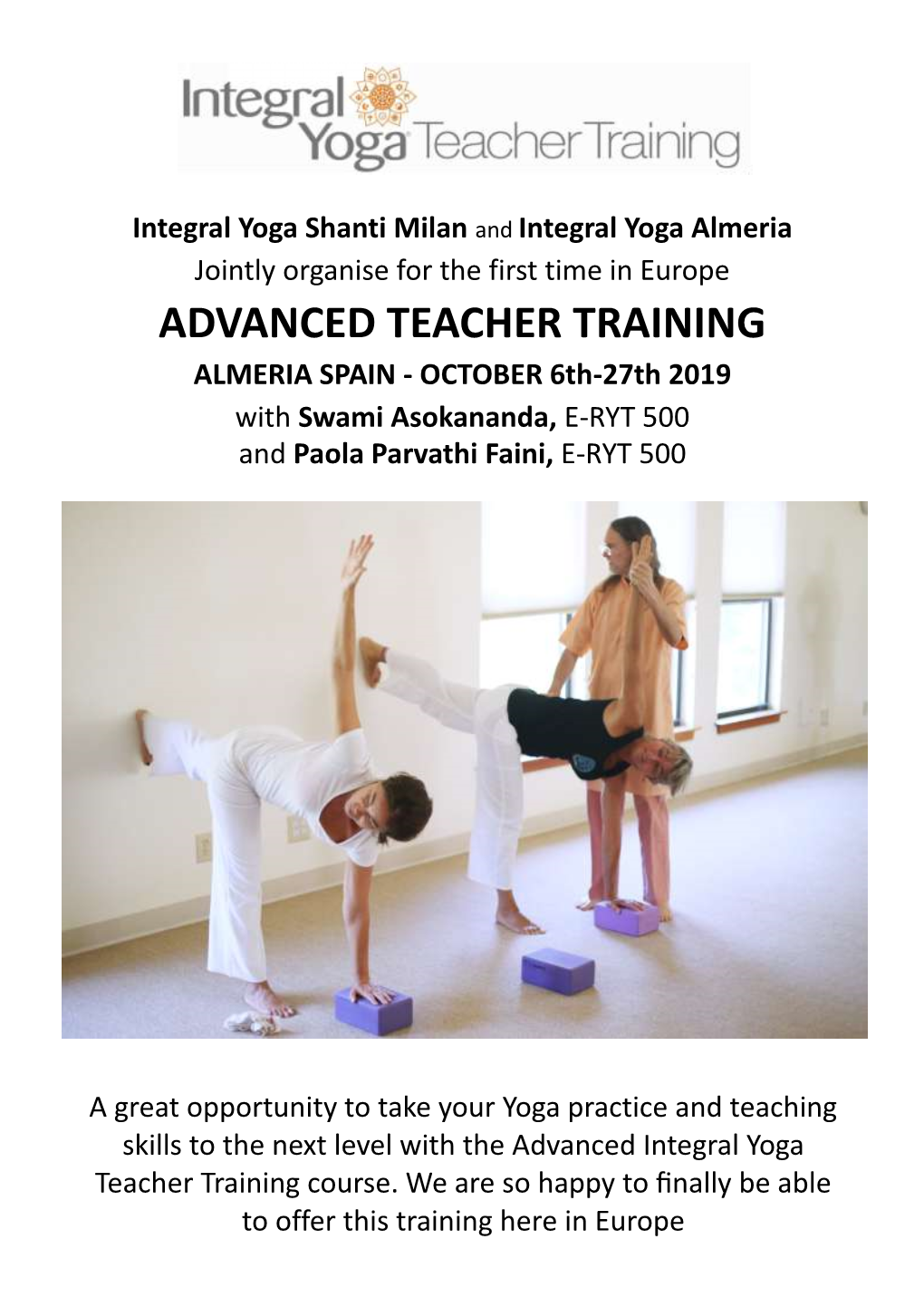 ADVANCED TEACHER TRAINING ALMERIA SPAIN - OCTOBER 6Th-27Th 2019 with Swami Asokananda, E-RYT 500 and Paola Parvathi Faini, E-RYT 500