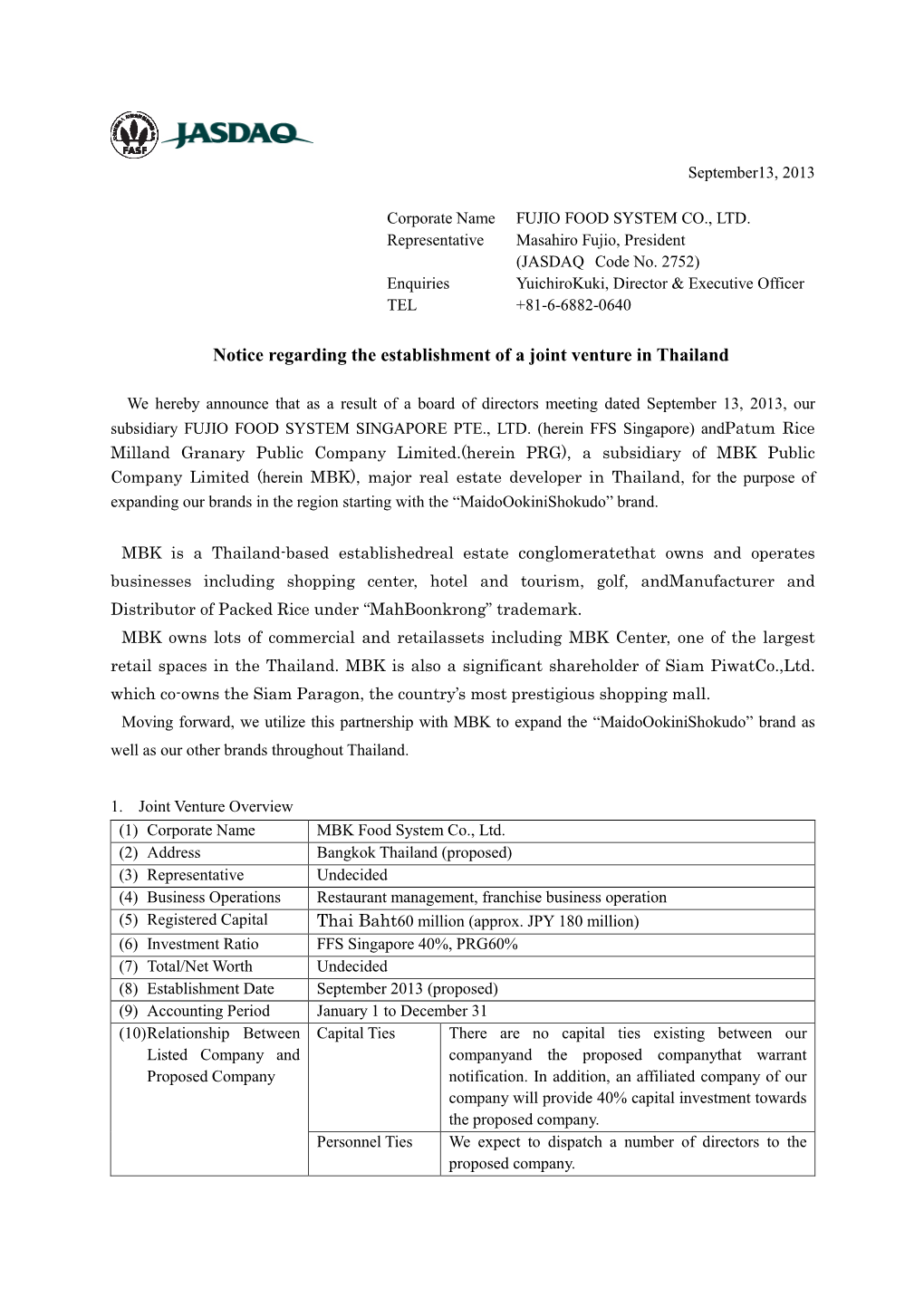 Notice Regarding the Establishment of a Joint Venture in Thailand