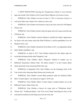 A JOINT RESOLUTION Directing the Transportation Cabinet to Erect Honorary 1 Signs and Include Tyler Childers on the Country Musi