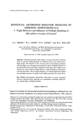Beneficial Arthropod Behavior Mediated by Airborne Semiochemicals I