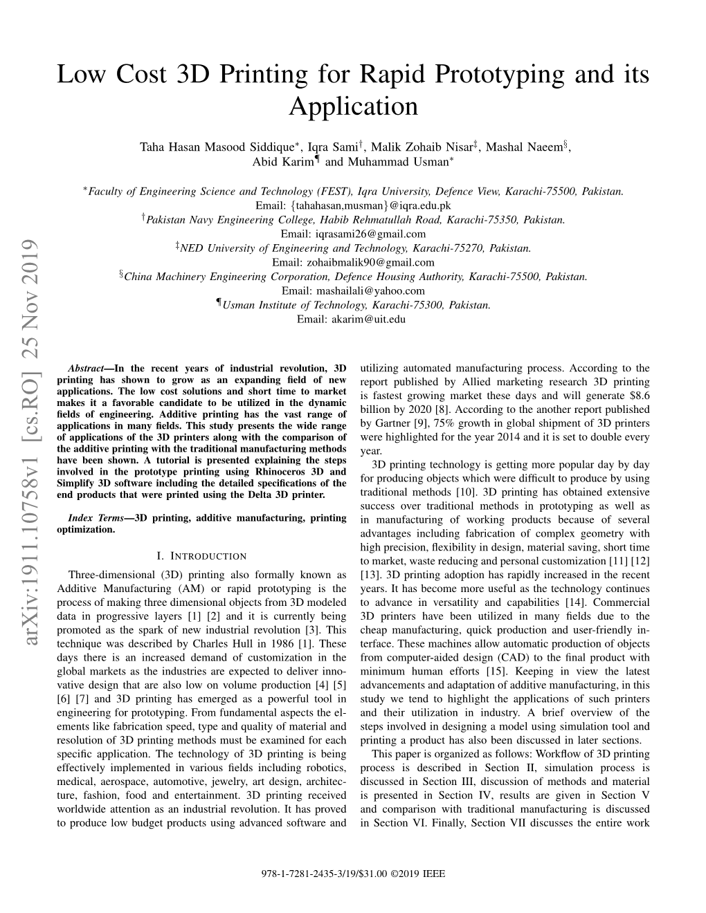 Low Cost 3D Printing for Rapid Prototyping and Its Application