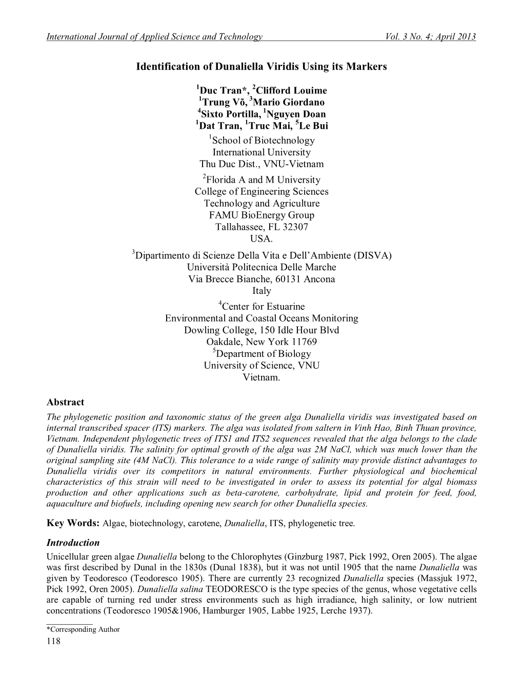 Identification of Dunaliella Viridis Using Its Markers