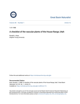 A Checklist of the Vascular Plants of the House Range, Utah