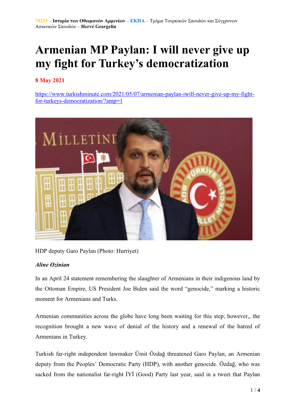 Armenian MP Paylan: I Will Never Give up My Fight for Turkey's