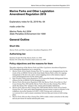 Marine Parks and Other Legislation Amendment Regulation 2019 Explanatory Note