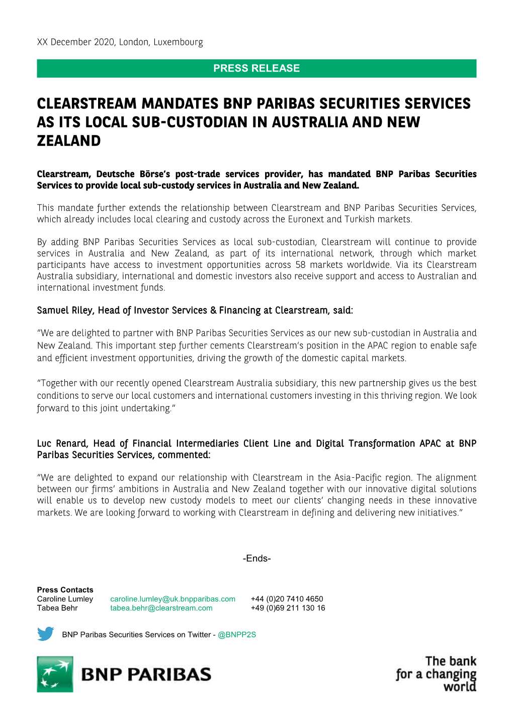 Clearstream Mandates Bnp Paribas Securities Services As Its Local Sub-Custodian in Australia and New Zealand