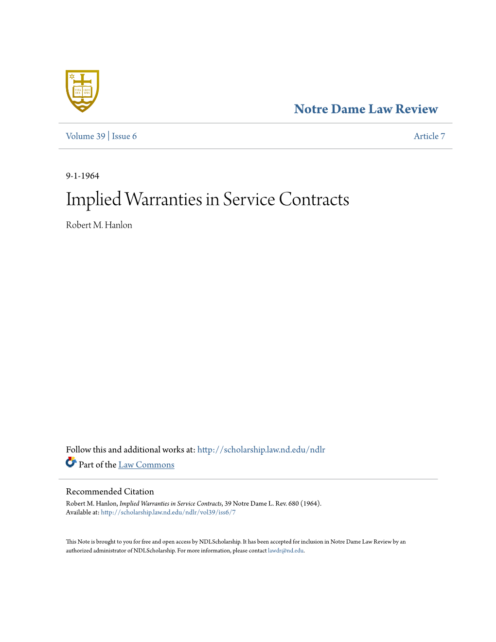 Implied Warranties in Service Contracts Robert M