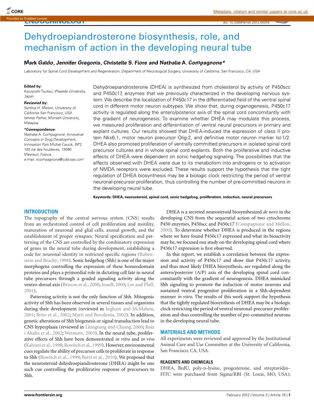 Dehydroepiandrosterone Biosynthesis, Role, and Mechanism of Action in the Developing Neural Tube