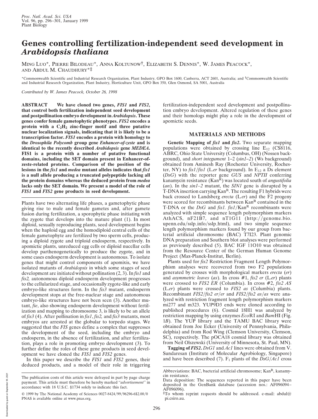 Genes Controlling Fertilization-Independent Seed Development in Arabidopsis Thaliana