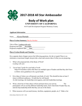 2017-2018 All Star Ambassador Body of Work Plan UNIVERSITY of CALIFORNIA 4-H Youth Development Program Monterey County