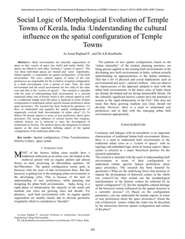 Social Logic of Morphological Evolution of Temple Towns of Kerala, India :Understanding the Cultural Influence on the Spatial Configuration of Temple Towns