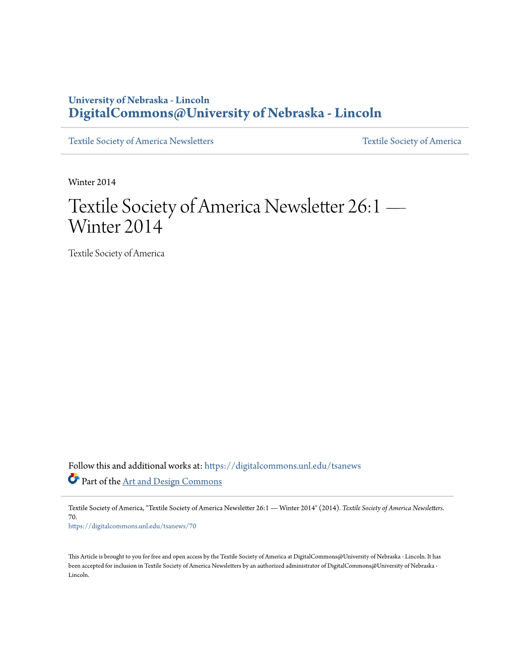 Textile Society of America Newsletter 26:1 — Winter 2014 Textile Society of America