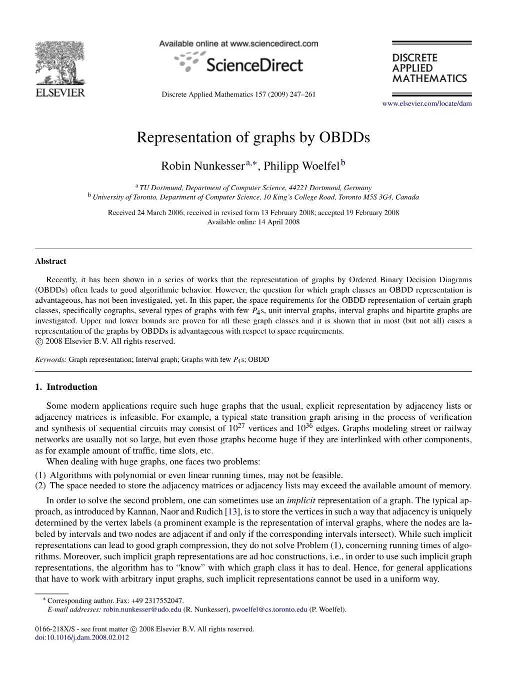 Representation of Graphs by Obdds