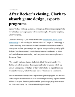 After Becker's Closing, Clark to Absorb Game Design, Esports Programs