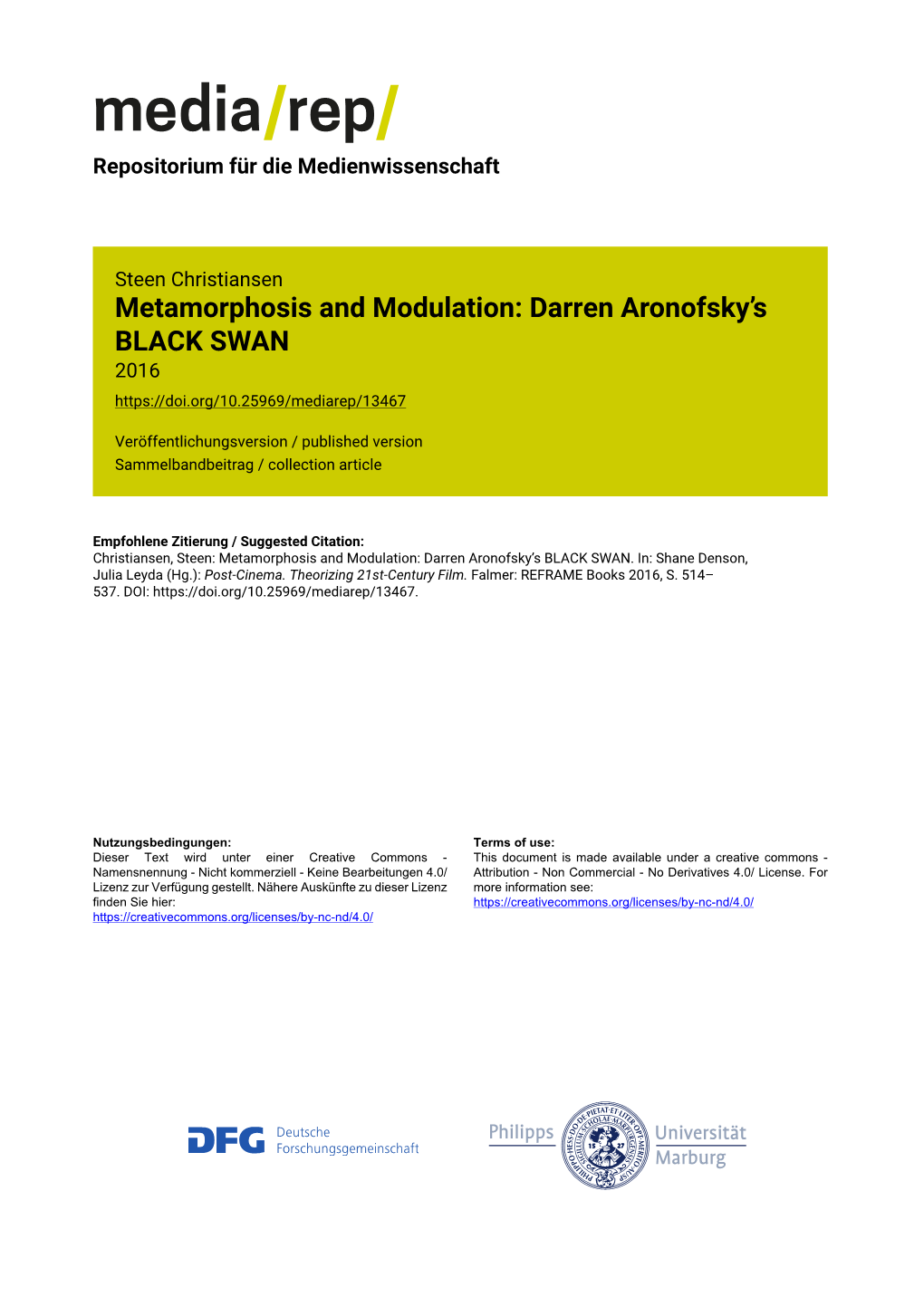 Metamorphosis and Modulation: Darren Aronofsky's BLACK SWAN