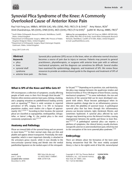 Synovial Plica Syndrome of the Knee: a Commonly Overlooked Cause of Anterior Knee Pain