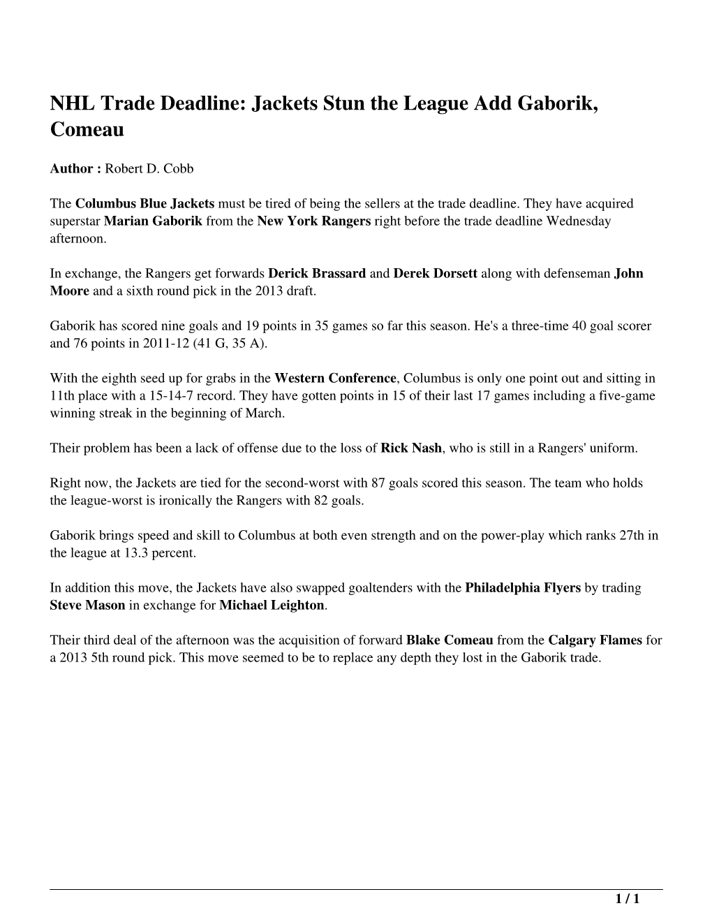 NHL Trade Deadline: Jackets Stun the League Add Gaborik, Comeau