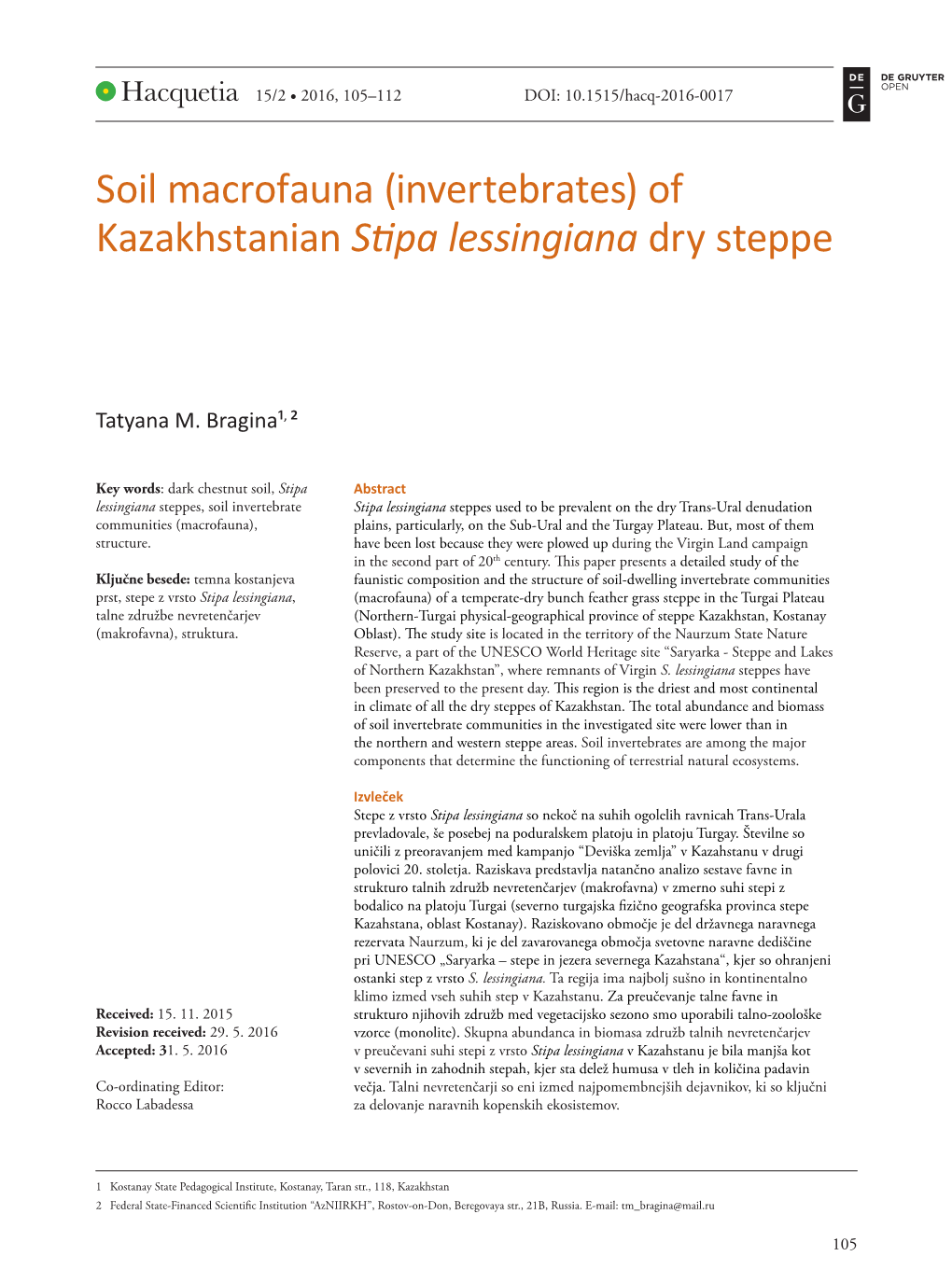 Soil Macrofauna (Invertebrates) of Kazakhstanian Sfipa Lessingiana Dry Steppe
