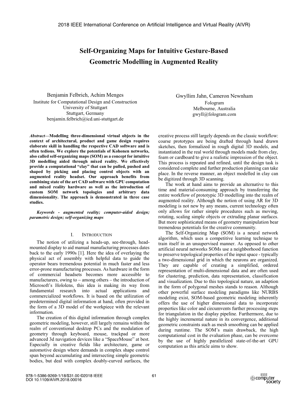 Self-Organizing Maps for Intuitive Gesture-Based Geometric Modelling in Augmented Reality