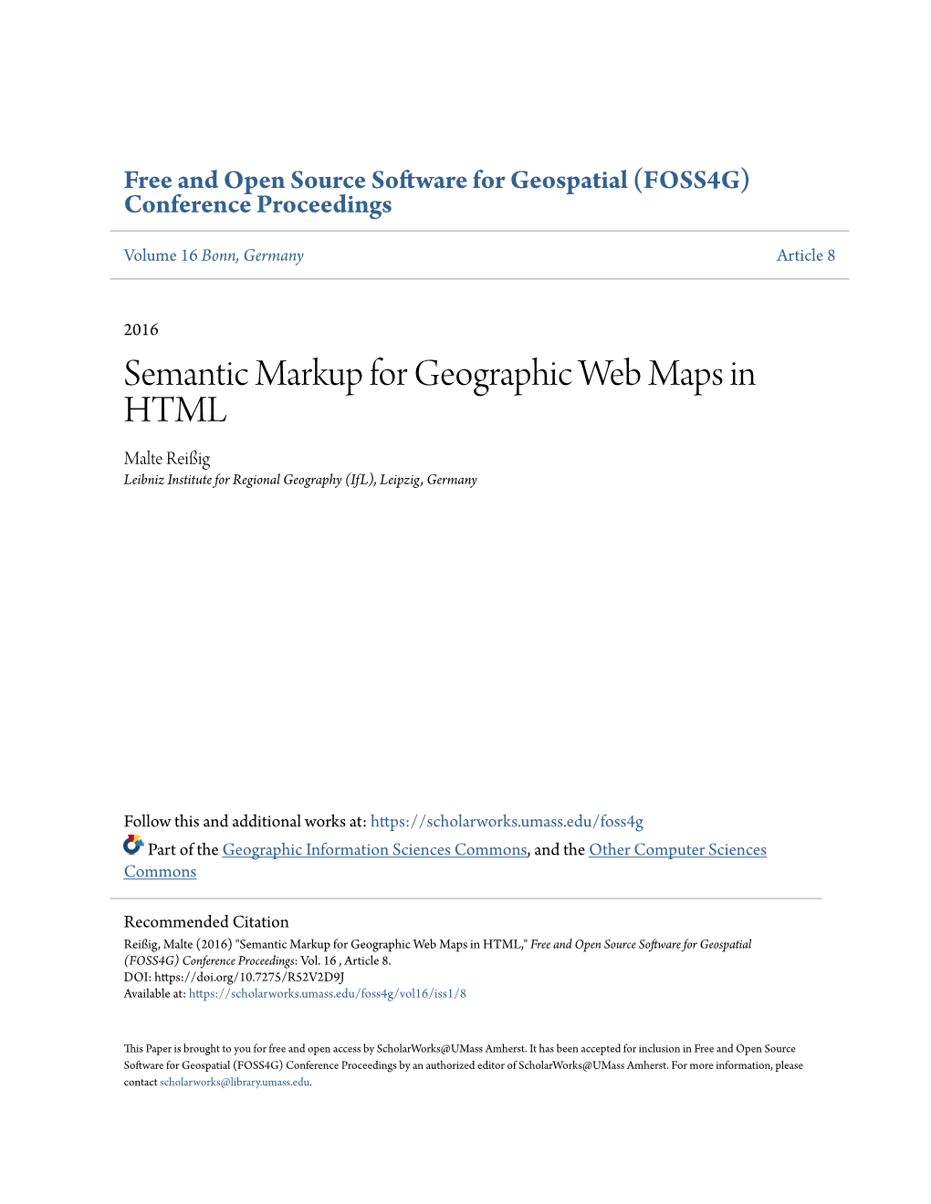 Semantic Markup for Geographic Web Maps in HTML Malte Reißig Leibniz Institute for Regional Geography (Ifl), Leipzig, Germany