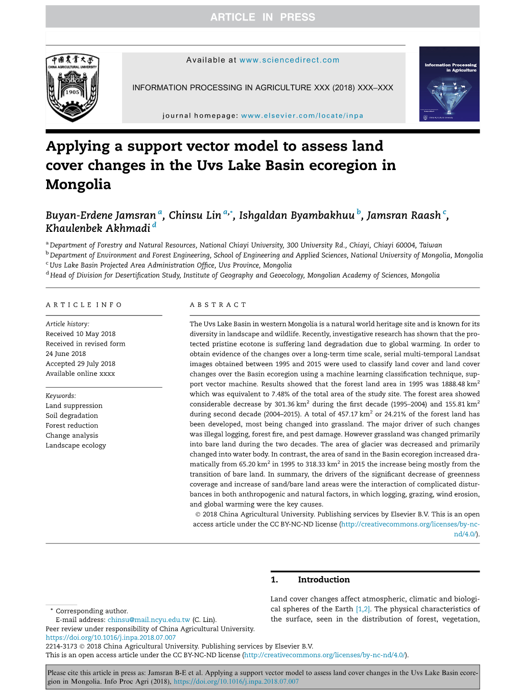 Applying a Support Vector Model to Assess Land Cover Changes in the Uvs Lake Basin Ecoregion in Mongolia