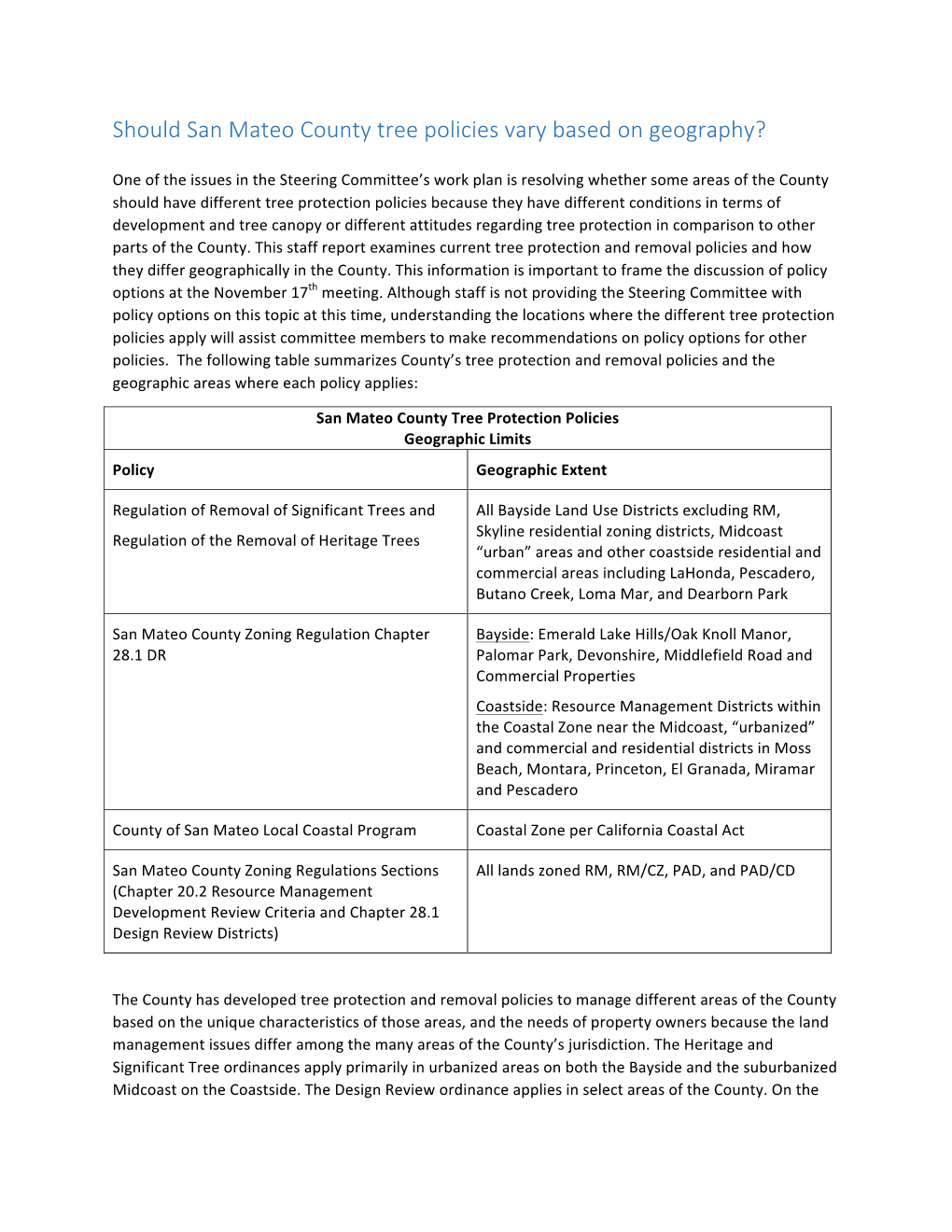 Should San Mateo County Tree Policies Vary Based on Geography?