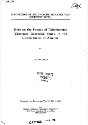 Note on the Species of Palaemonetes (Crustacea Decapoda) Found in the United States of America