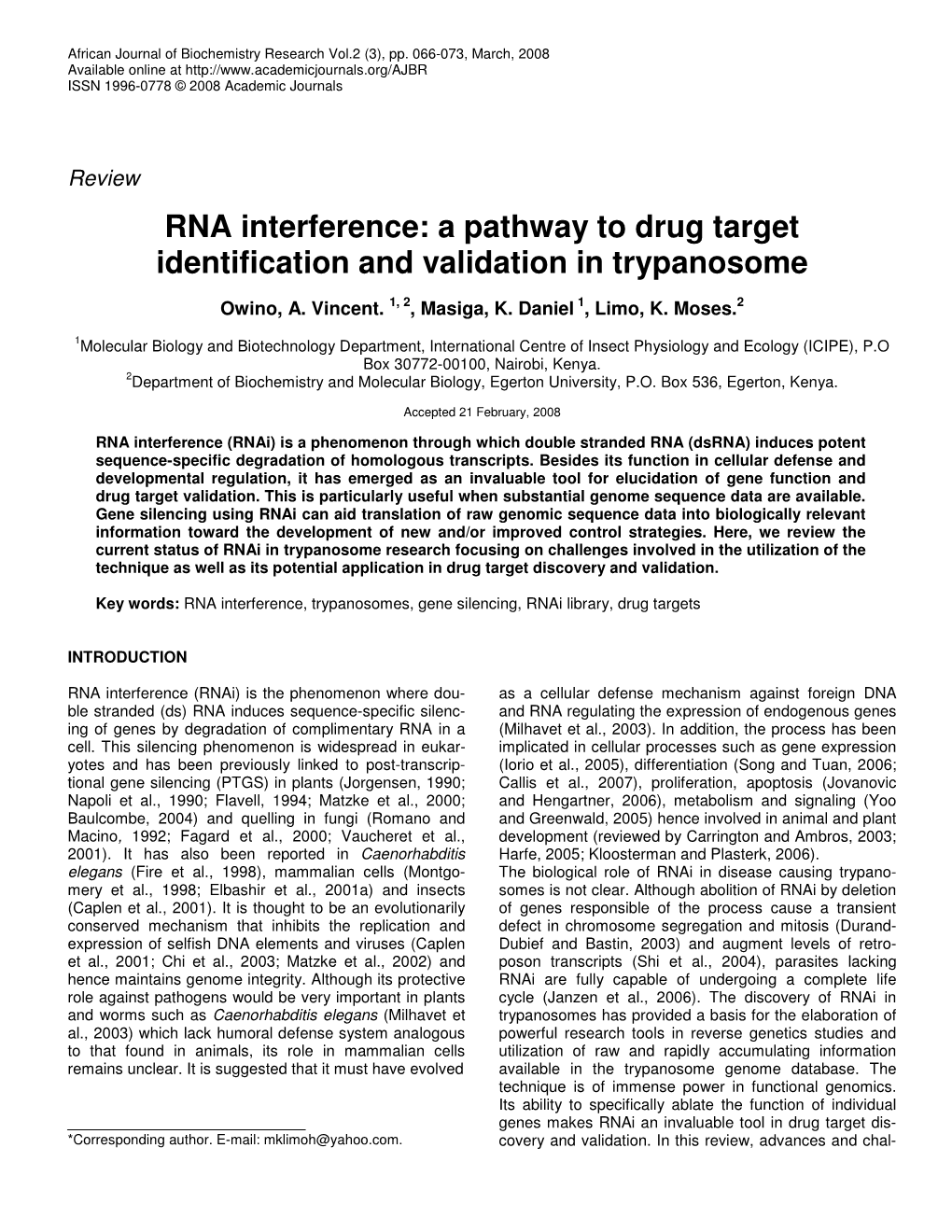 RNA Interference: a Pathway to Drug Target Identification and Validation in Trypanosome