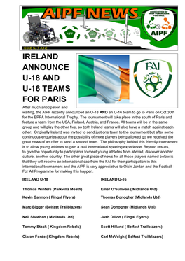 Ireland Announce U-18 and U-16 Teams for Paris
